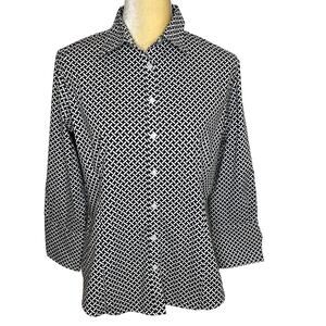 Brooks Brothers Button Down Shirt Top Black White Woven Print Size 10 EUC